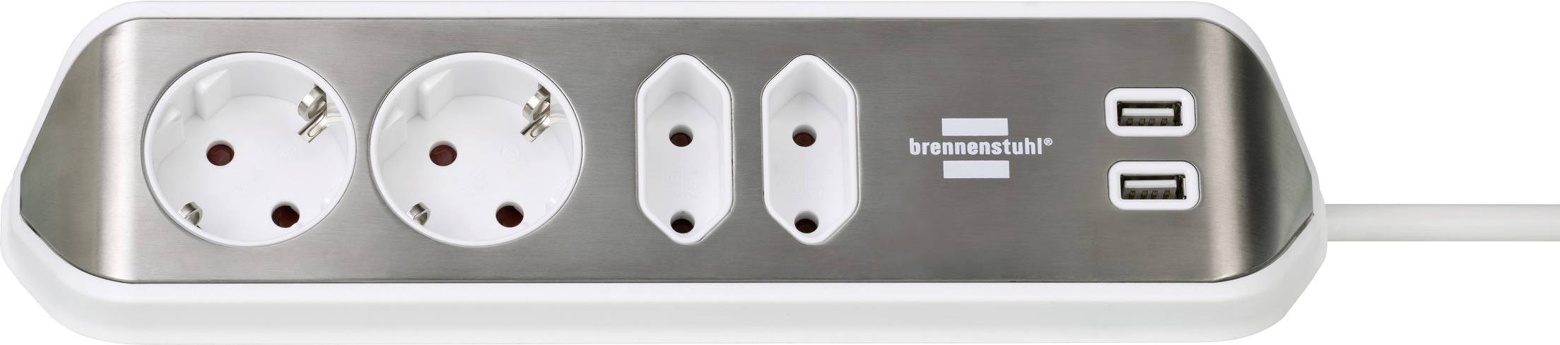 Ciabatta in acciaio inossidabile con due prese europee, due porte USB e un'etichetta del marchio sul lato destro.