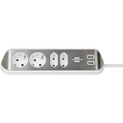 Ciabatta in acciaio inossidabile con due prese europee, due porte USB e un'etichetta del marchio sul lato destro.