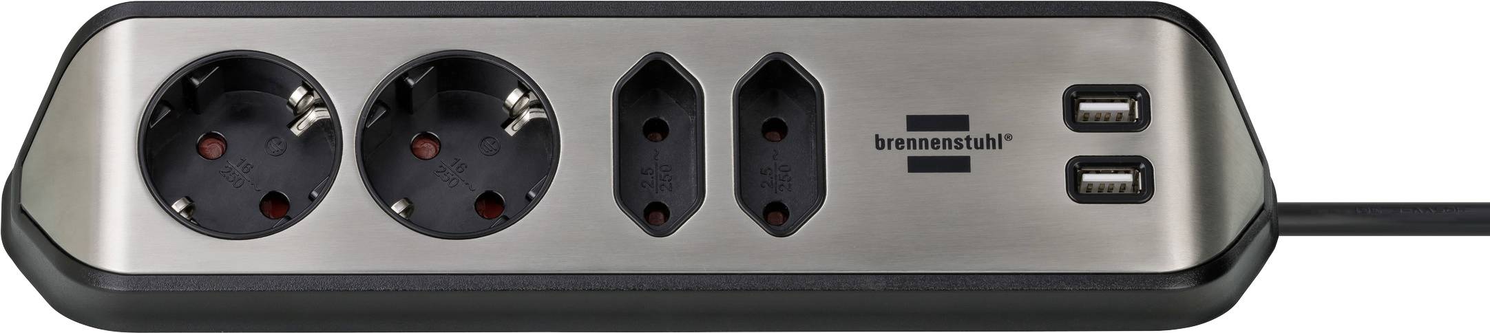 Ciabatta multipresa con due prese Schuko, due porte USB e cavo di alimentazione nero su un alloggiamento argento e nero.