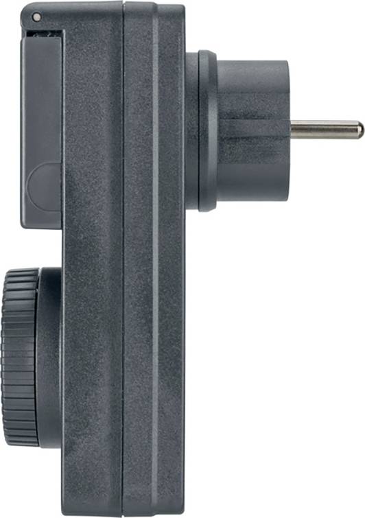 'Vista laterale di un interruttore orario nero per prese elettriche con manopola di regolazione del tempo.'