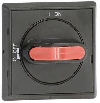 Un interruttore quadrato nero mostra due posizioni di leva rosse: 'ON' in alto e 'OFF' a sinistra.