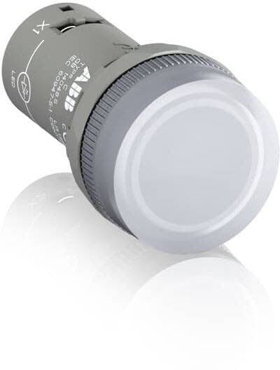 Pulsante grigio cilindrico con indicatore luminoso a LED, adatto per applicazioni industriali.