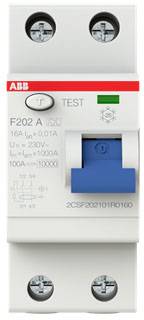Un interruttore automatico differenziale bipolare (F202 A) con tasto di test blu, corrente nominale 16A, tensione 230V, produttore ABB.