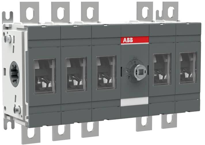 Un interruttore elettrico multipolare, modulare di ABB, idoneo per applicazioni industriali, con più connessioni visibili.