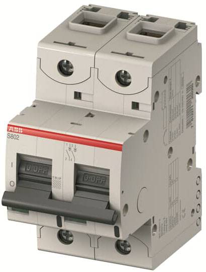 Un interruttore magnetotermico grigio con due interruttori, idoneo per impianti elettrici. Logo del marchio visibile in alto.