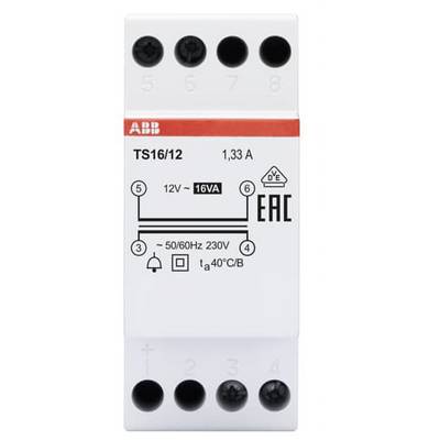Un dispositivo elettrico del marchio ABB con numero di modello TS16/12, dotato delle seguenti specifiche: 12V-16VA, 1,33A, 50/60Hz, 230V.