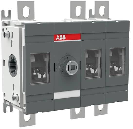 Un interruttore di sezionamento tripolare, marca 'ABB', con custodia grigia e meccanismo interno visibile, per l'isolamento elettrico.