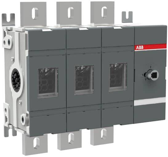 Un sezionatore di carico grigio ABB con più moduli di commutazione e connessioni metalliche, idoneo per impianti elettrici industriali.