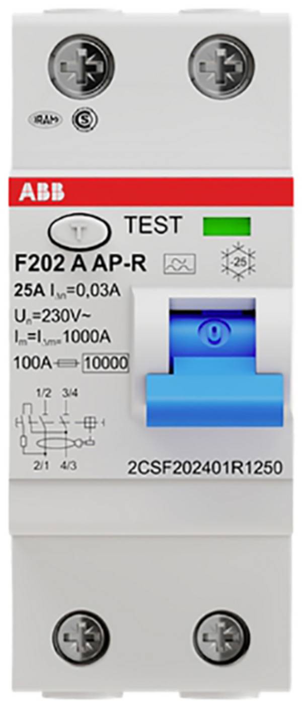 <br> ABB<br> 2CSF202401R1250<br> F202 A-25/0,03 AP-R<br> Interruttore differenziale<br> <br> A<br> <br> <br> 2 poli<br> 25 A<br> 0.03 A<br> 230 V<br>