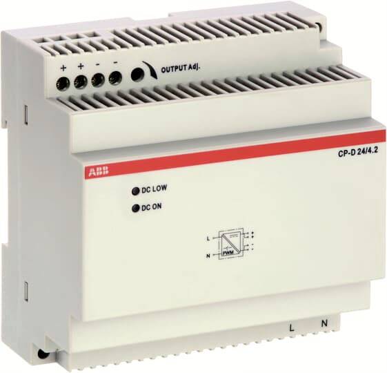 Un dispositivo elettrico bianco per il montaggio su guida DIN con più connessioni, regolazione dell'uscita e indicatori LED per funzionamento in corrente continua.