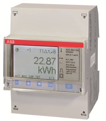 Un contatore elettronico dell'energia mostra 22,87 kWh. Il display contiene simboli e tasti per funzioni operative.