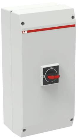 Involucro grigio con maniglia rossa e interruttore nero sul davanti, utilizzato per il controllo o la messa in sicurezza di dispositivi elettrici.