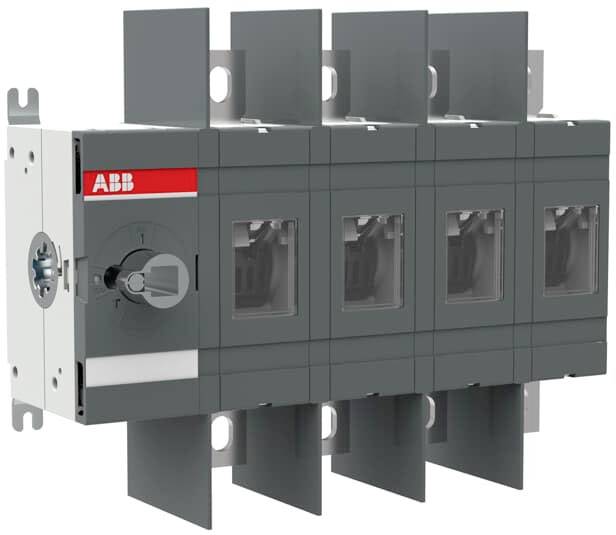 Un sezionatore grigio a quattro poli con impugnatura rotante, prodotto da ABB, idoneo per applicazioni in quadri elettrici.