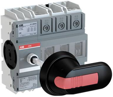 Un sezionatore tripolare con una grande maniglia di manovra nera e rossa, impostata su 'OFF'.