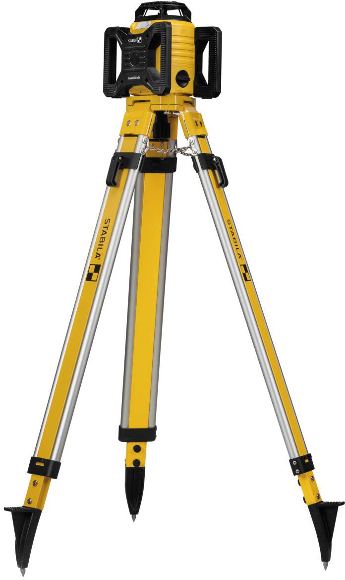 Strumento laser con supporto giallo per rilievi edili su sfondo bianco.