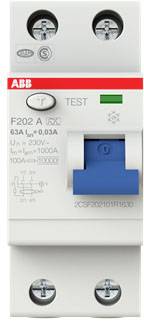 Interruttore magnetotermico con pulsante blu, contrassegnato 'TEST'. Specifiche tecniche: 63A, 230V. Logo del produttore visibile.