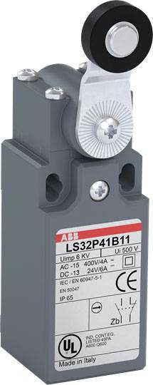 Interruttore di fine corsa industriale ABB, modello LS32P41B11, idoneo per 500V in AC/DC. Certificato UL, grado di protezione IP65, fabbricato in Italia.