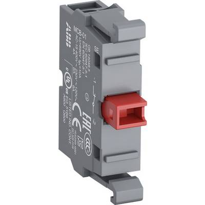 Interruttore grigio con pulsante rosso e specifiche tecniche sul lato; utilizzato per il controllo dei circuiti elettrici.