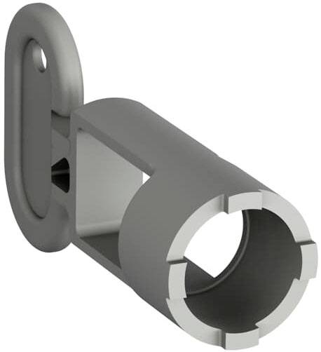 Pezzo metallico grigio, cilindrico, con quattro rientranze uniformemente distribuite lungo il bordo. È fissato a un supporto ovale.
