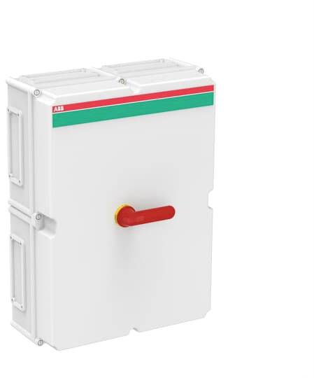 Un quadro elettrico con impugnatura rossa, involucro bianco e una marcatura rosso-verde sul bordo superiore.