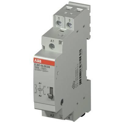 'ABB Relè E 297-16-20/230, 16A, 230V, 2 poli. Sotto: A1, A2. Sopra: 1, 2, 3. Lato: Posizione interruttore A1, A2 contrassegnata.'