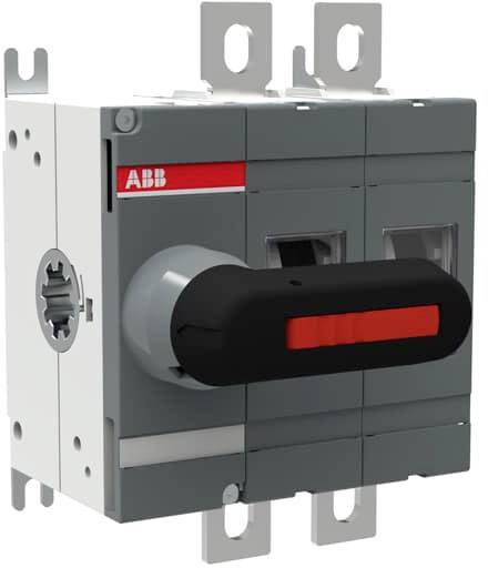 Un interruttore grigio ABB con leva rossa, montato su un supporto metallico, per il controllo di dispositivi elettrici.