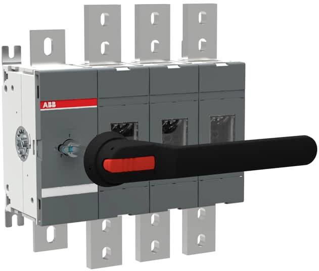 'Interruttore di carico ABB con impugnatura nera e quattro linguette di connessione argentate. Utilizzato in impianti elettrici.'