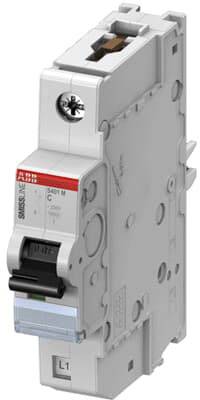 Un interruttore elettrico grigio di protezione ABB con leva e marcatura, utilizzato per proteggere e controllare circuiti elettrici.
