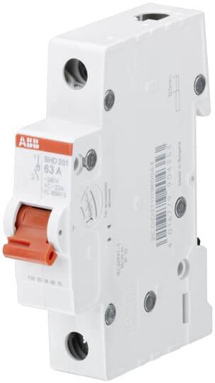Un interruttore magnetotermico bipolare bianco della marca ABB con leva rossa, 63 A, per la protezione del circuito elettrico.