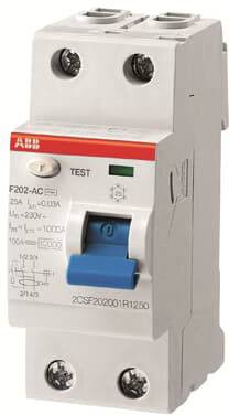 Un interruttore magnetotermico bipolare con levetta blu. Iscrizione: '25A, 400V, 2CSF202001R1250'. Nome del produttore in alto a sinistra.