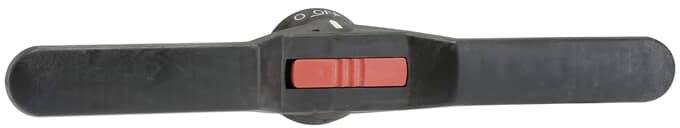 Leva nera con interruttore rosso al centro, probabilmente utilizzata per il controllo o la regolazione di un dispositivo meccanico.