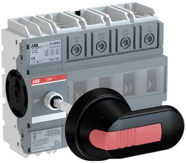 Un grande interruttore di un sezionatore elettrico nella posizione 'On'. Marchio del produttore e specifiche tecniche visibili.