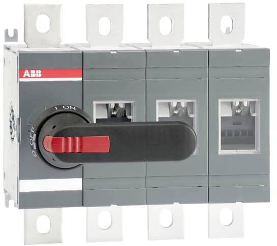 Inserito: Un interruttore grigio ABB con leva rossa, che mostra le posizioni 'Off' e 'On', per il controllo elettrico.