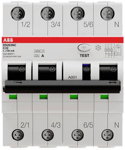 'DS203NC C32 FI-interruttore differenziale di ABB con marcatura 1/2, 3/4, 5/6, N, pulsante di test e dettagli tecnici sul lato frontale.'