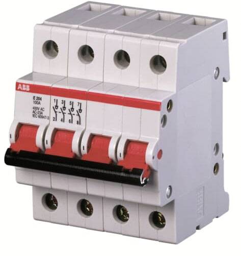 Un interruttore automatico quadripolare con leva rossa e marcatura 'ABB'. È progettato per la sicurezza elettrica nei circuiti.