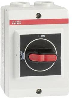 Interruttore industriale con leva rossa, posizione 'OFF', su involucro bianco.