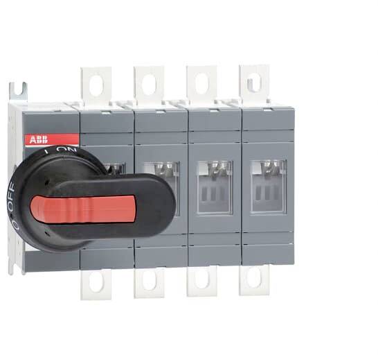 'Un sezionatore carico quadripolare ABB in posizione OFF con una grande leva rossa e nera.'