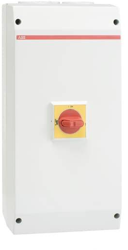 Un quadro elettrico con un interruttore rotativo rosso su sfondo giallo al centro, utilizzato per il controllo e la sicurezza.