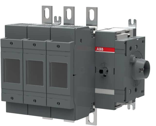 Un interruttore di sezionamento elettrico grigio con più unità di commutazione e un distintivo logo rosso 'ABB' a destra.