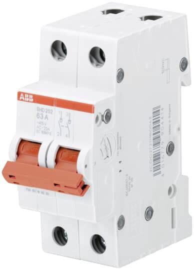 Un interruttore automatico bipolare con pulsanti rossi, utilizzato in impianti elettrici per la protezione dei circuiti.