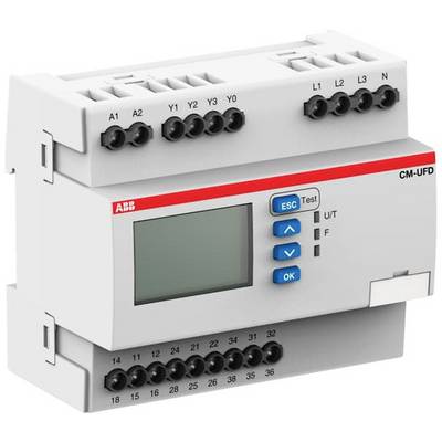 Un monitor di controllo digitale ABB con schermo, pulsanti di navigazione e diversi morsetti di connessione nella parte superiore e inferiore.