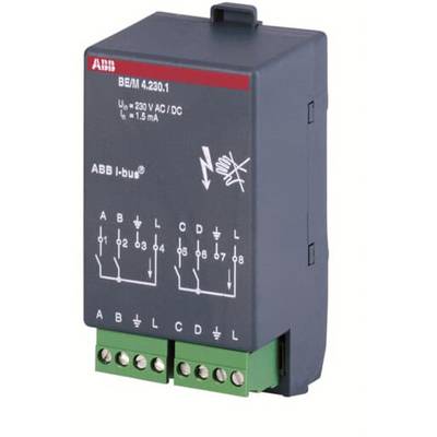 Dispositivo elettronico ABB con morsetti di collegamento inferiori, etichetta superiore che indica una tensione di 230 V AC/DC e una corrente di 1,5 mA.