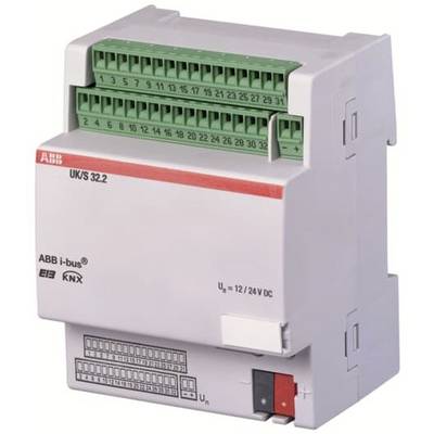 Un attuatore KNX di ABB con più morsetti verdi in alto. Il nome del modello 'UK/S 32.2' è visibile sul lato frontale.