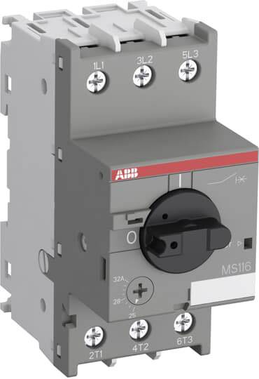 Un avviatore motore grigio MS116 di ABB con manopola di regolazione e diversi attacchi per morsetti, idoneo per circuiti elettrici.