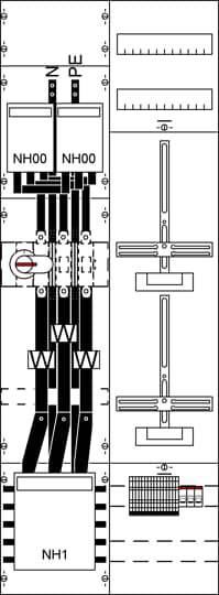 Diagramma di un quadro elettrico con fusibili e cablaggio, che mostra la disposizione e il collegamento dei componenti.