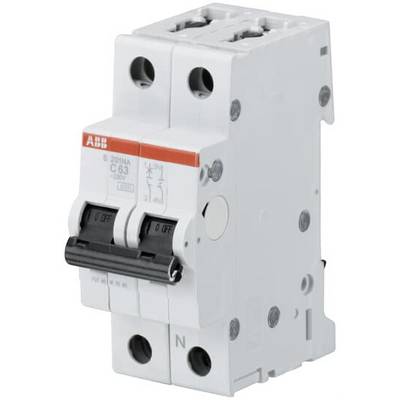 Un interruttore automatico bipolare ABB, modello 'S 201NA C63', per l'interruzione di circuiti elettrici, realizzato in colore bianco.