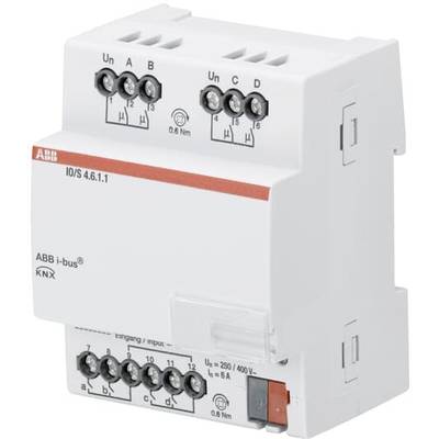 Un attuatore KNX i-bus ABB bianco con otto punti di connessione, montabile su guida DIN, per il controllo elettrico degli impianti negli edifici.