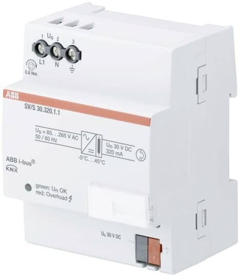 Un modulo di alimentazione ABB i-bus KNX, idoneo per 85-265 V AC, 30 V DC, con connessioni e intervallo di temperatura da -5°C a 45°C.