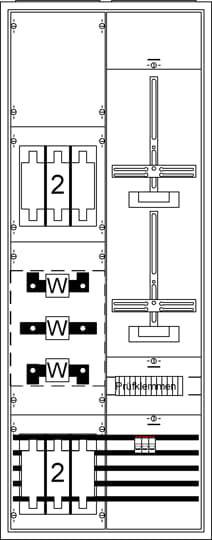 Disegno tecnico di un quadro elettrico con vari interruttori, fusibili e componenti numerati.