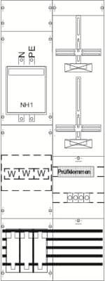 Diagramma di un quadro elettrico con vari componenti e schemi di collegamento, compresi fusibile NH e modulo di test.
